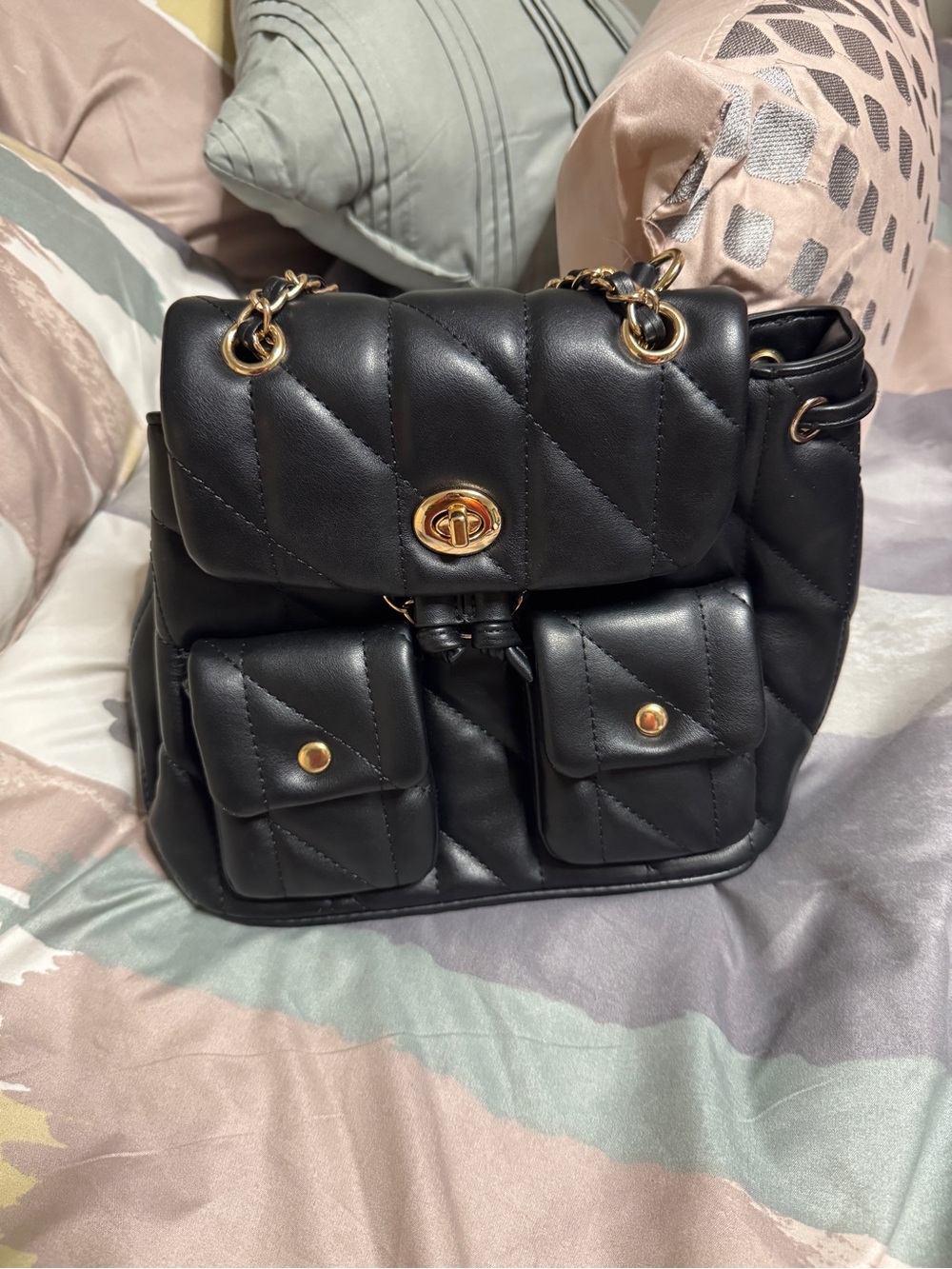 Quilted Black vegan Leather Backpack Shoulder Bag with Gold Hardware